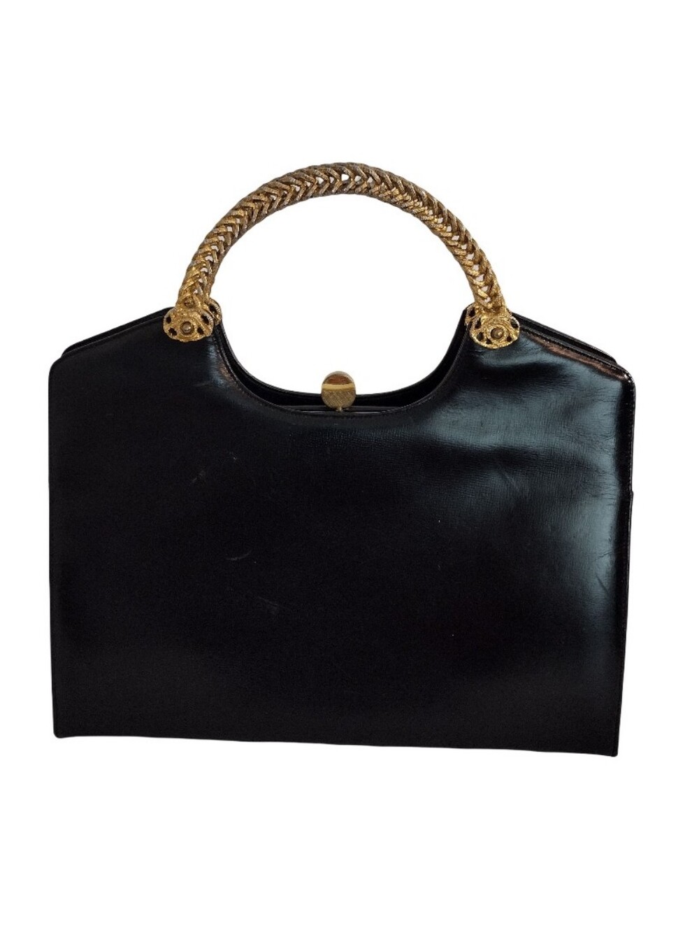 Vintage 1950s Black Leather Top Handle Handbag Gold Woven Handle Cocktail Bag - Picture 14 of 14